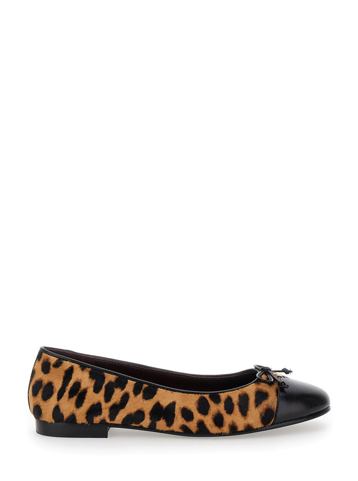 Brown Ballet Shoes with Cap Toe and Leopard Print in Leather Woman Calf Sheep Ballerinas