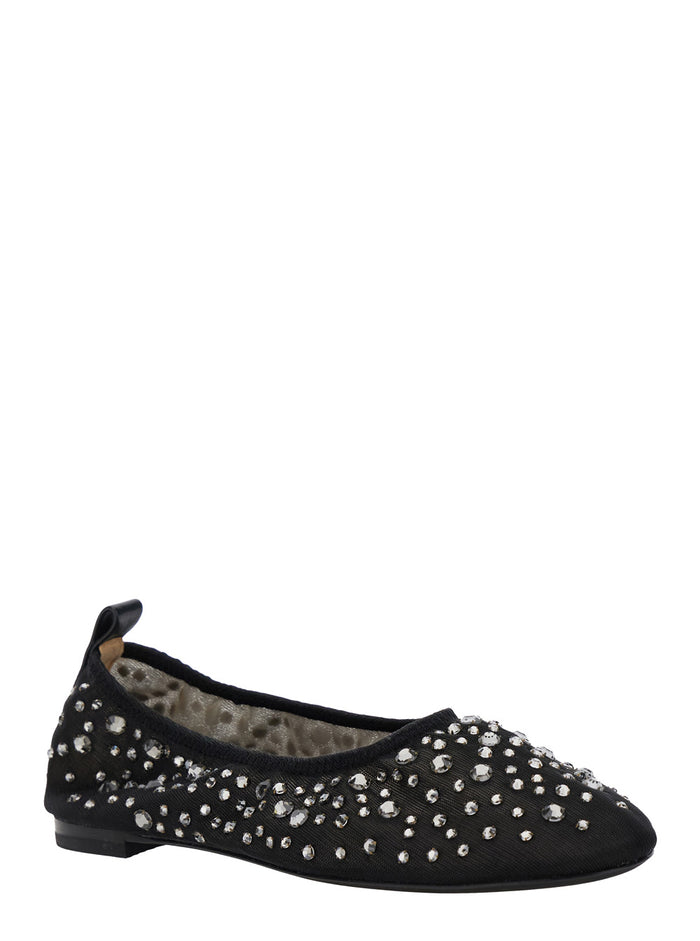 Black Ballet Flats with All-Over Crystals Application in Tech Fabric Woman Nylon Ballerinas