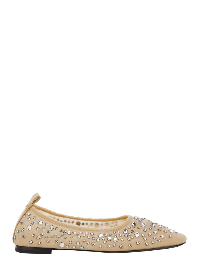 Beige Ballet Flats with All-Over Crystals Application in Tech Fabric Woman Nylon Ballerinas