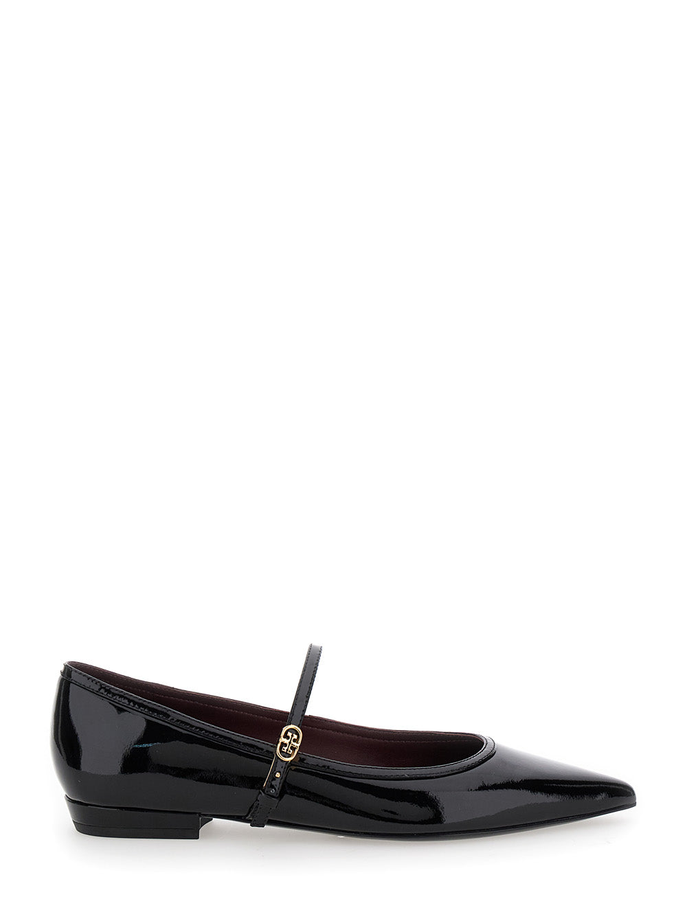 Black Ballet Shoes With Pointed Toe And Double T Motif Patent Leather Woman Calf Ballerinas