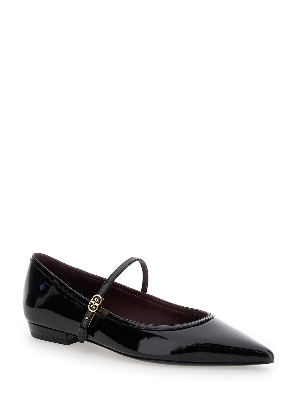 Black Ballet Shoes With Pointed Toe And Double T Motif Patent Leather Woman Calf Ballerinas