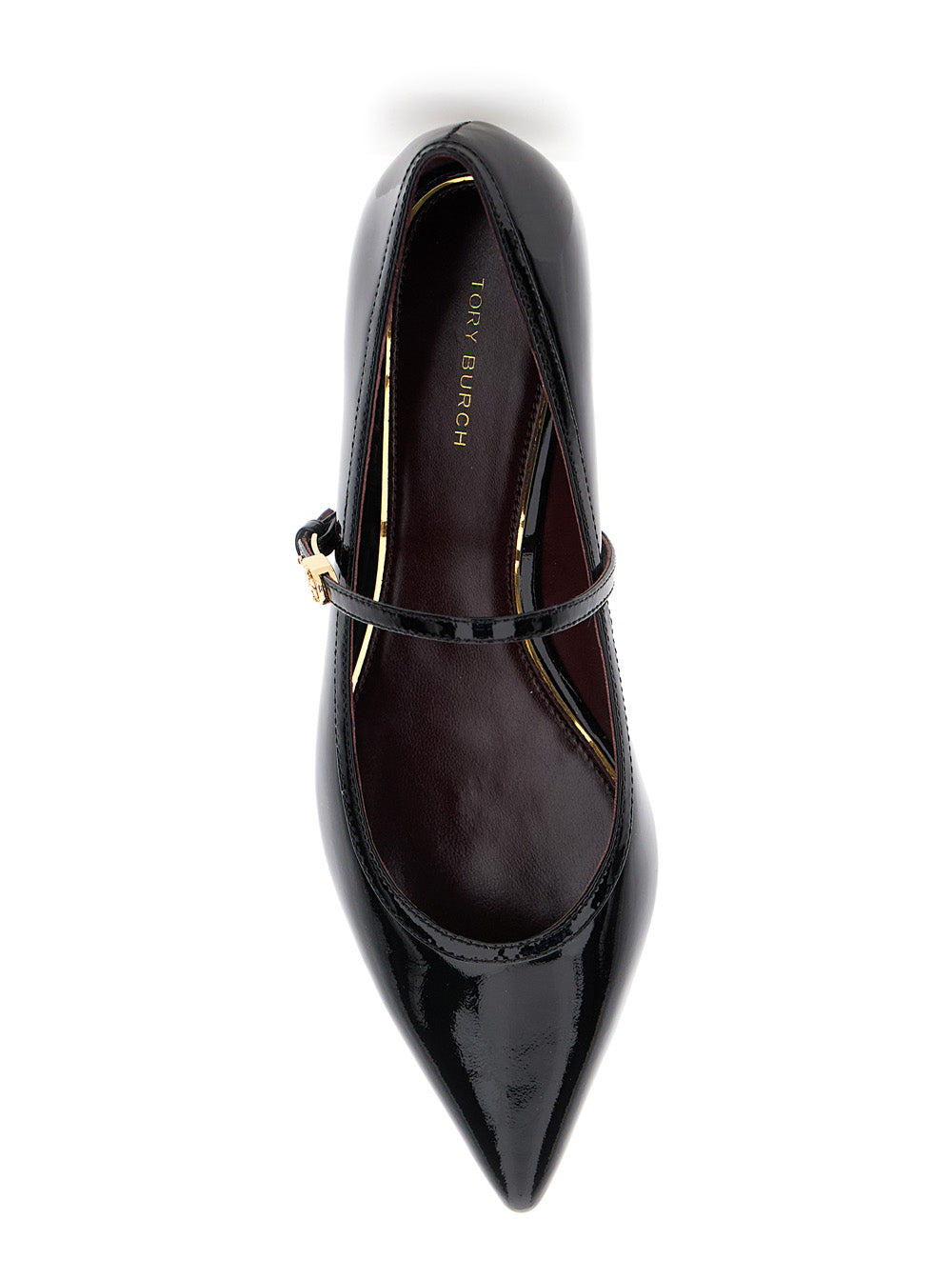 Black Ballet Shoes With Pointed Toe And Double T Motif Patent Leather Woman Calf Ballerinas