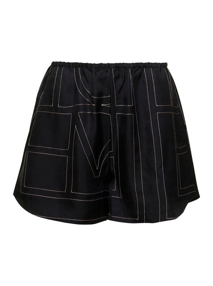 Black Shorts With Geometric Logo Print Silk Woman And Bermuda