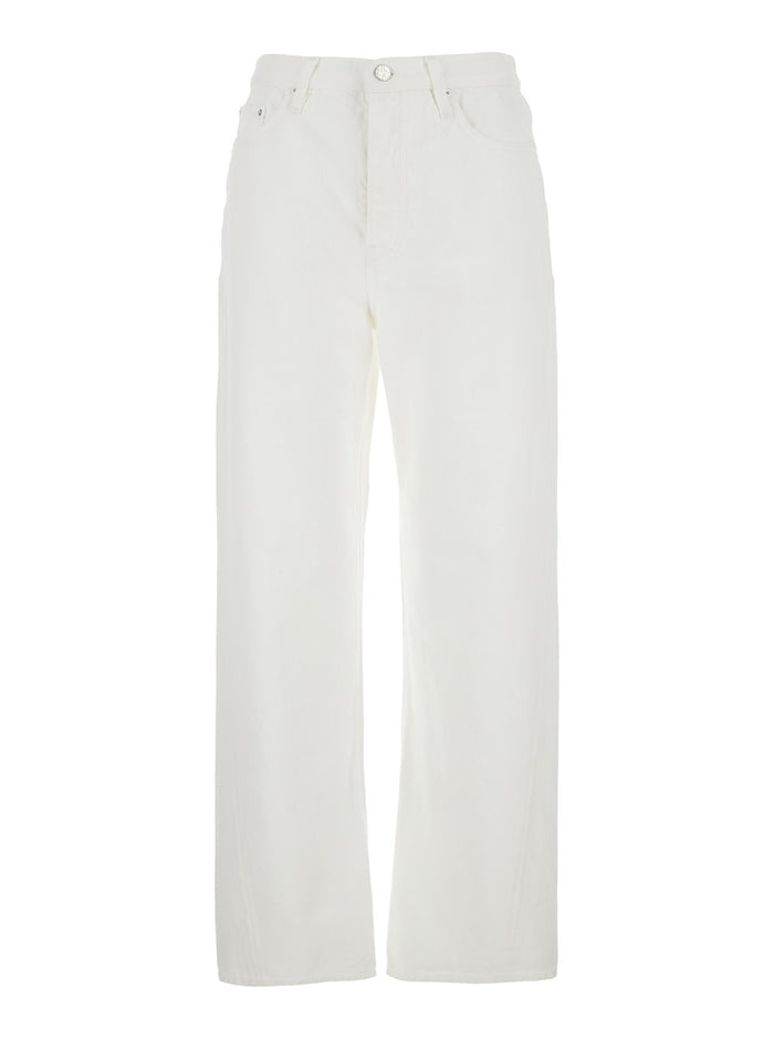 White High Waisted Jeans With Twisted Seam And Logo Patch On The Rear Denim Woman Cotton Organic