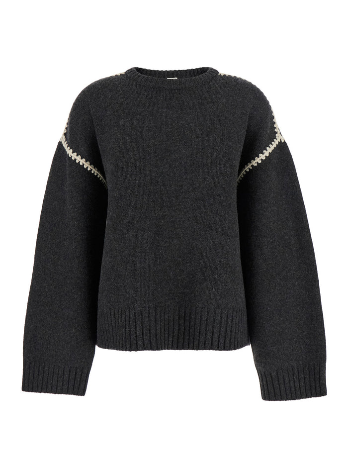 Grey Crewneck Sweater With Embroidery Detail On The Sleeve Wool And Cashmere Blend Woman Rws Jersey