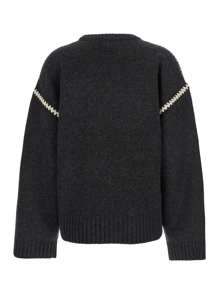 Grey Crewneck Sweater With Embroidery Detail On The Sleeve Wool And Cashmere Blend Woman Rws Jersey