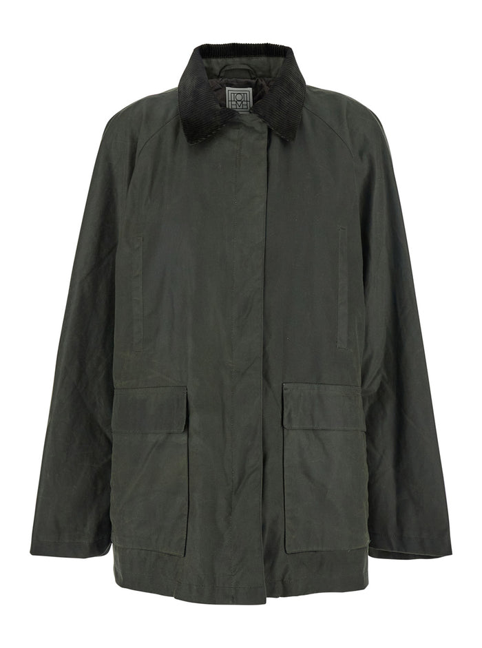 Green Jacket With Corduroy Collar And Rear English Vents Cotton Woman Organic