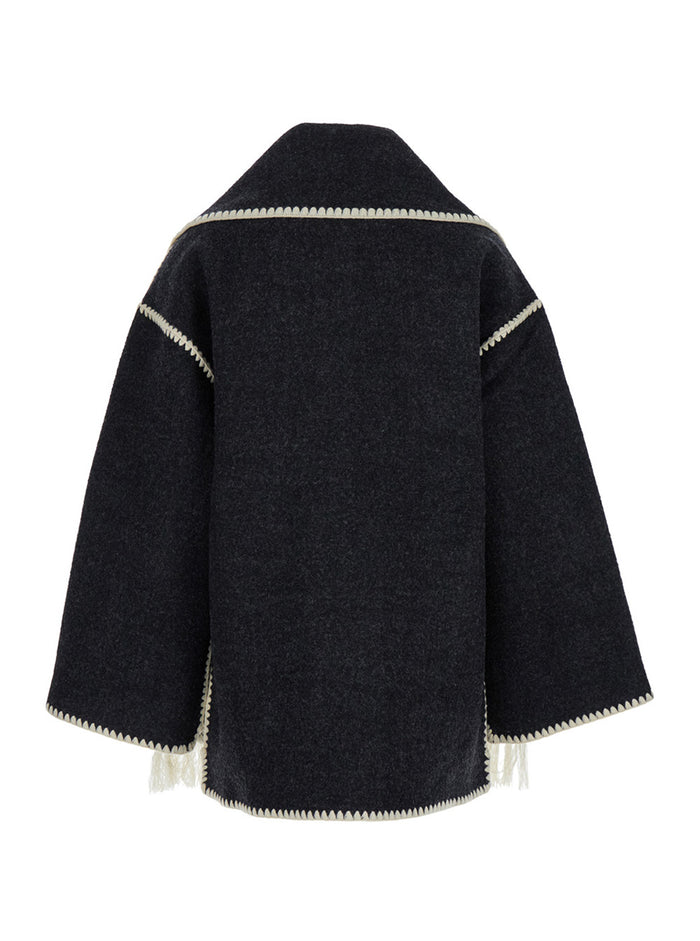 Grey Jacket With Scarf Detail On The Front Wool Blend Woman