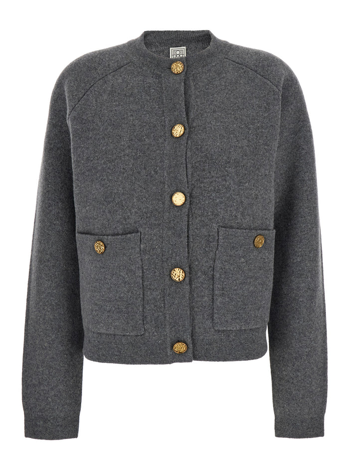 Grey Crewneck Cardigan With Snap Bittons Wool An Cashmere Blend Woman Rws Polyamide Jersey
