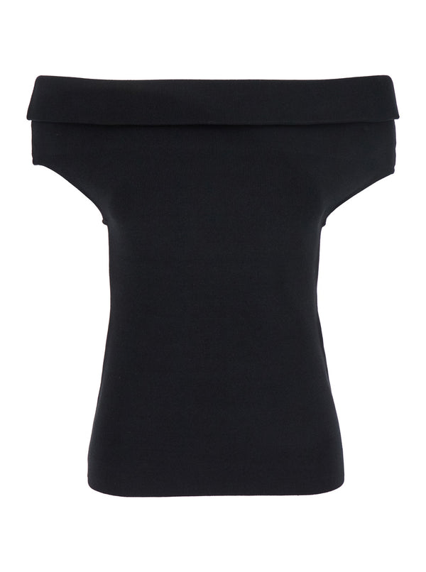 Black Off-Shoulder Double-Knit Top Viscose Tops