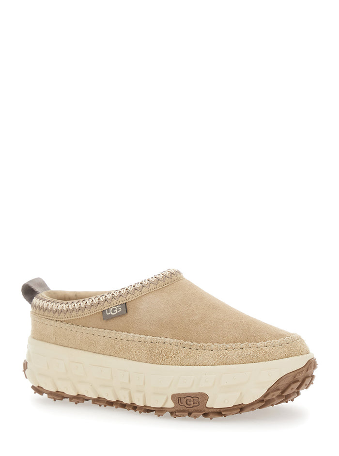 Venture Daze Beige Mules with Decorative Stitching and Side Logo Patch in Suede Man Flat Shoes