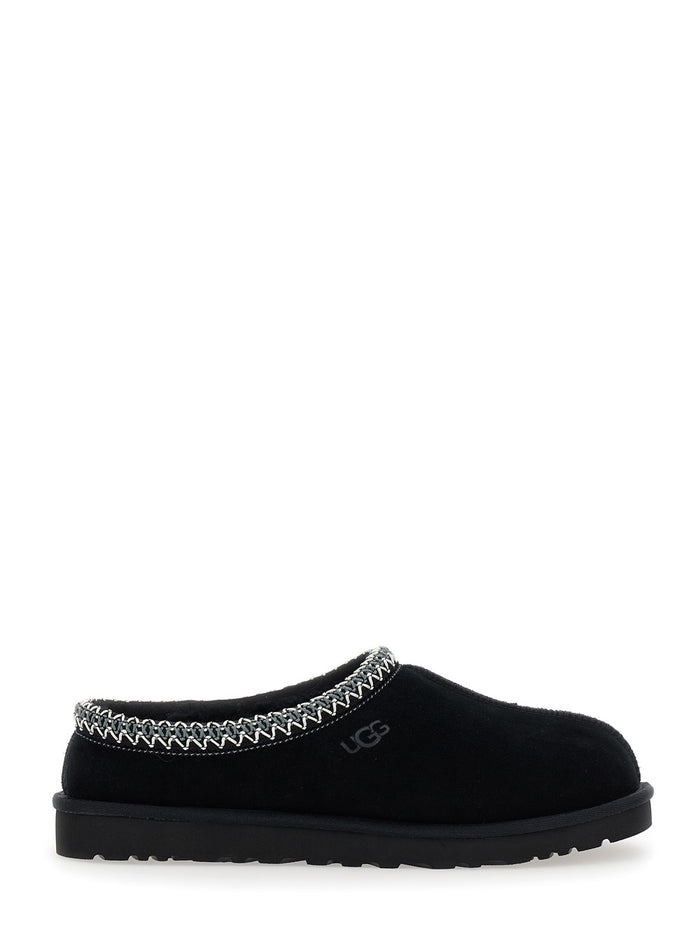 Tasman Black Plaited Hem Mules Suede Woman Leather Flat Shoes