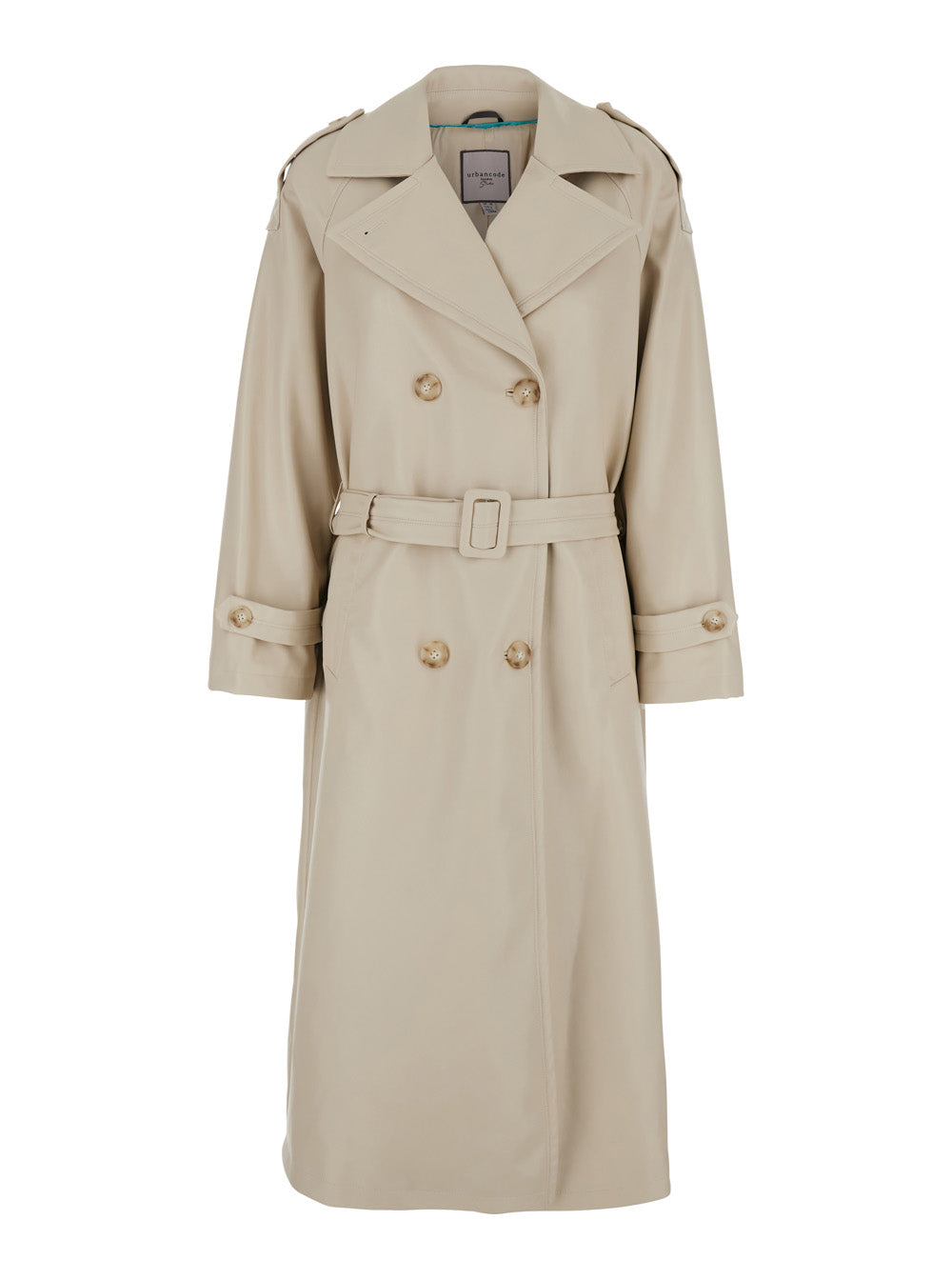 Grey Double-Breasted Trench Coat with Wide Notched Revers in Tech Fabric Woman Beige Polyurethane Outerwear