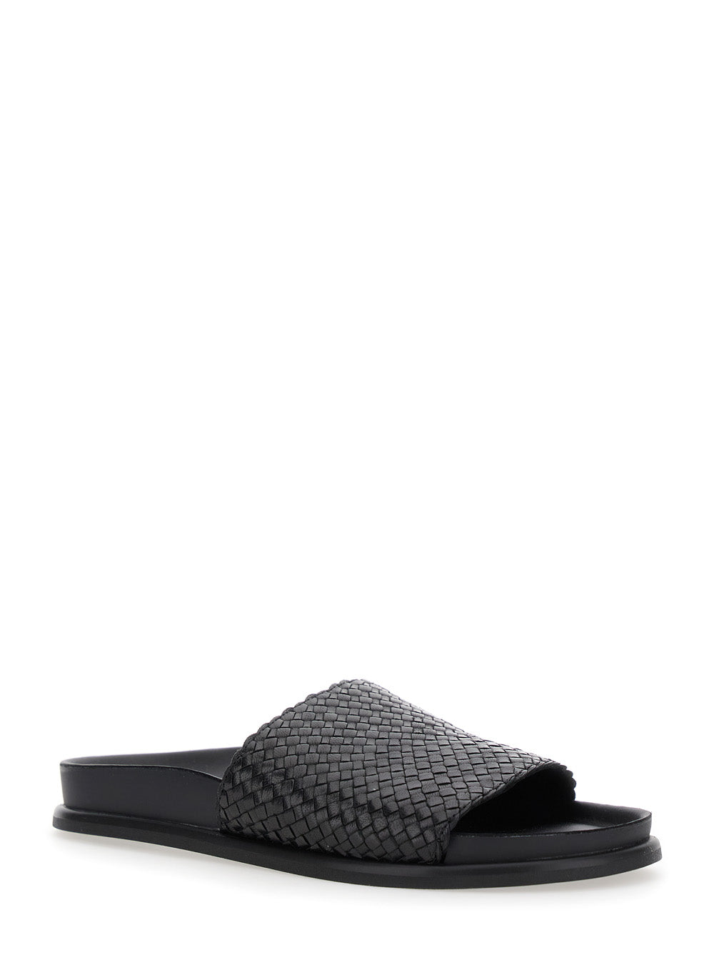 Black Sandals with Braided Design in Leather Woman Flat Shoes