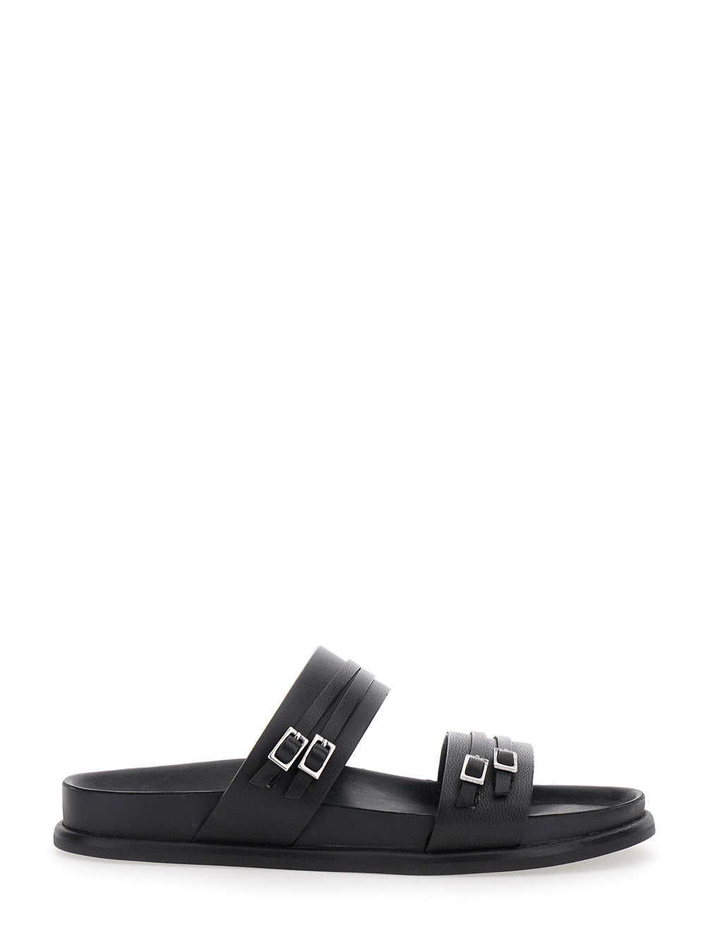 Effie Black Sandals with Two Buckle Closure in Leather Woman Goat Flat Shoes
