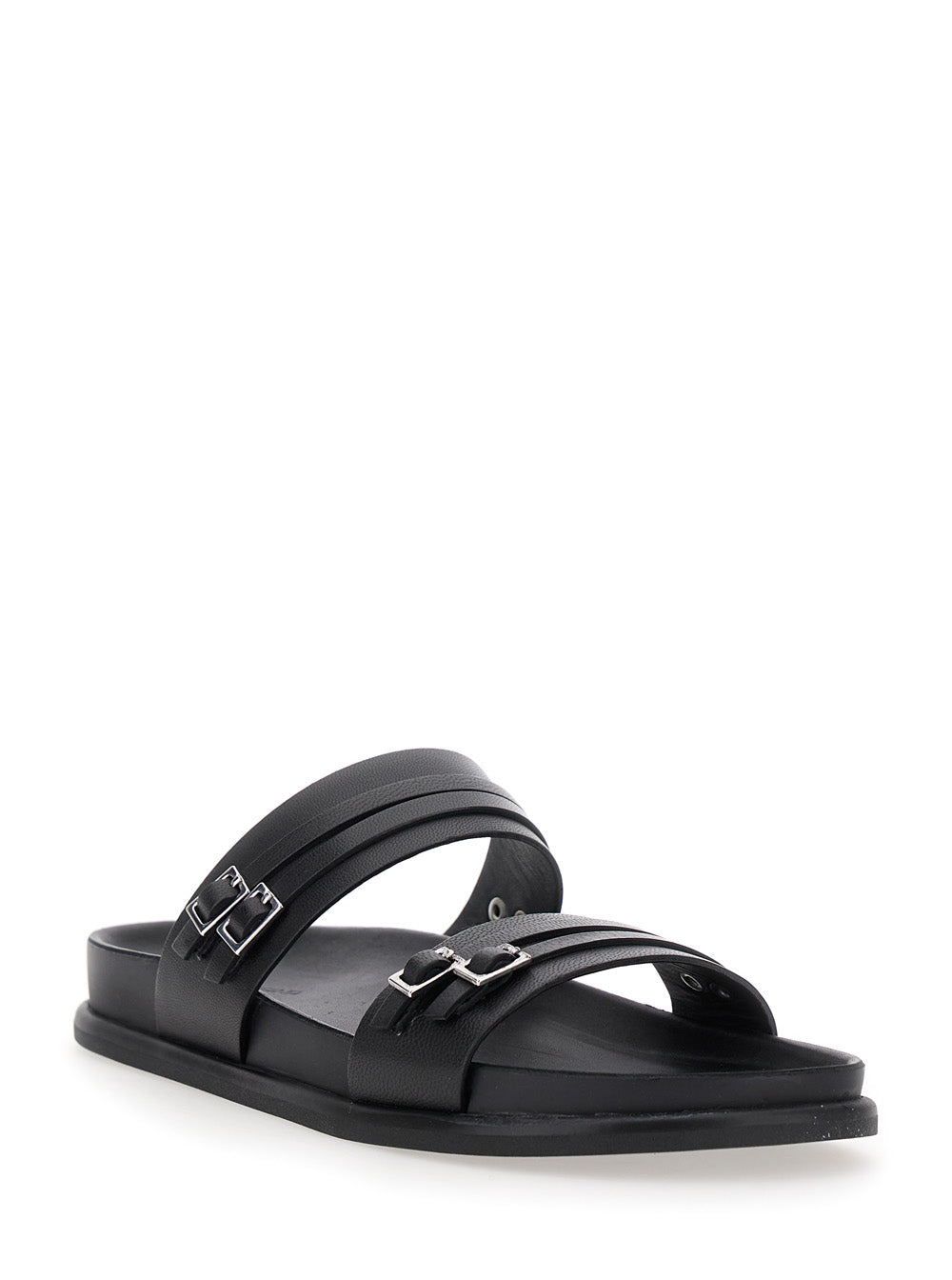 Effie Black Sandals with Two Buckle Closure in Leather Woman Goat Flat Shoes