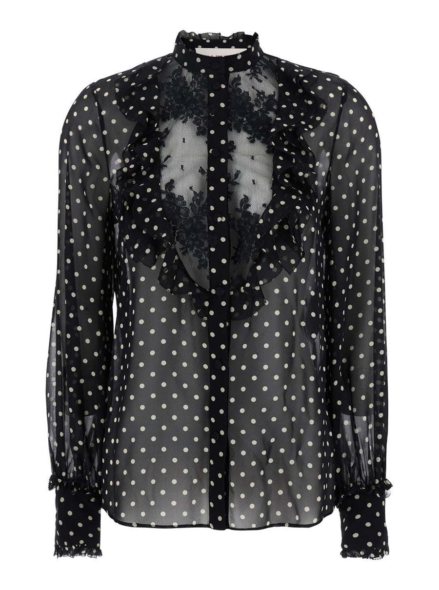 Black Crewneck Shirt With Floral Embroidery Silk Blouses