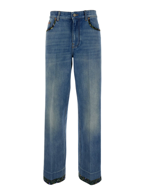 Blue Jeans With Floral Details Viscose