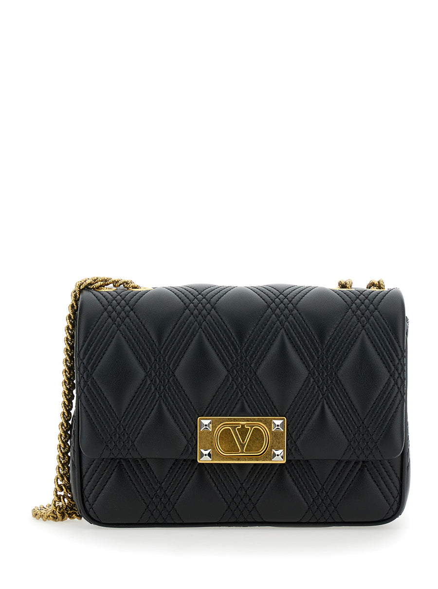 Quiltie 67 Black Shoulder Bag With Vlogo Lamb Leather
