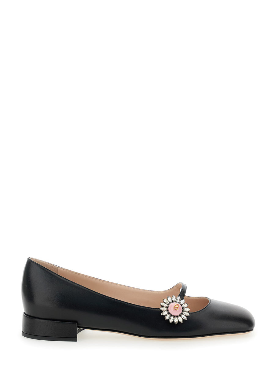 Black Ballet Shoes With Floral Detail Goat Leather Ballerina