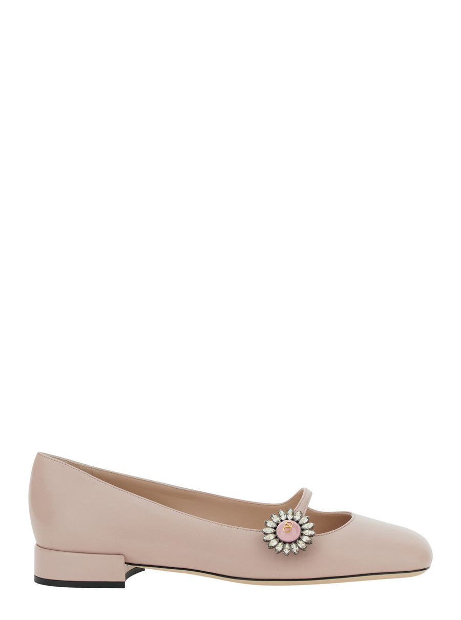 Pink Ballerinas With Decorative Plate And Low Heel Goat Leather Ballerina Shoes