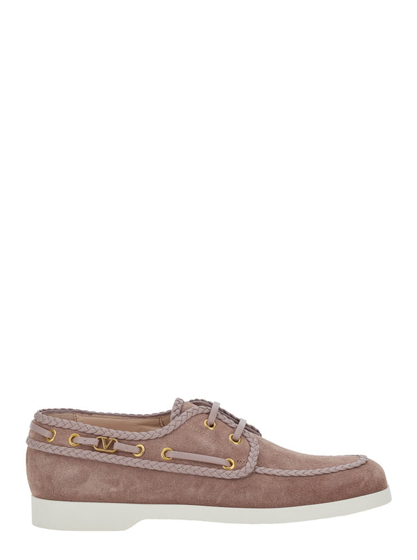 Beige Suede Loafers With Front Laces