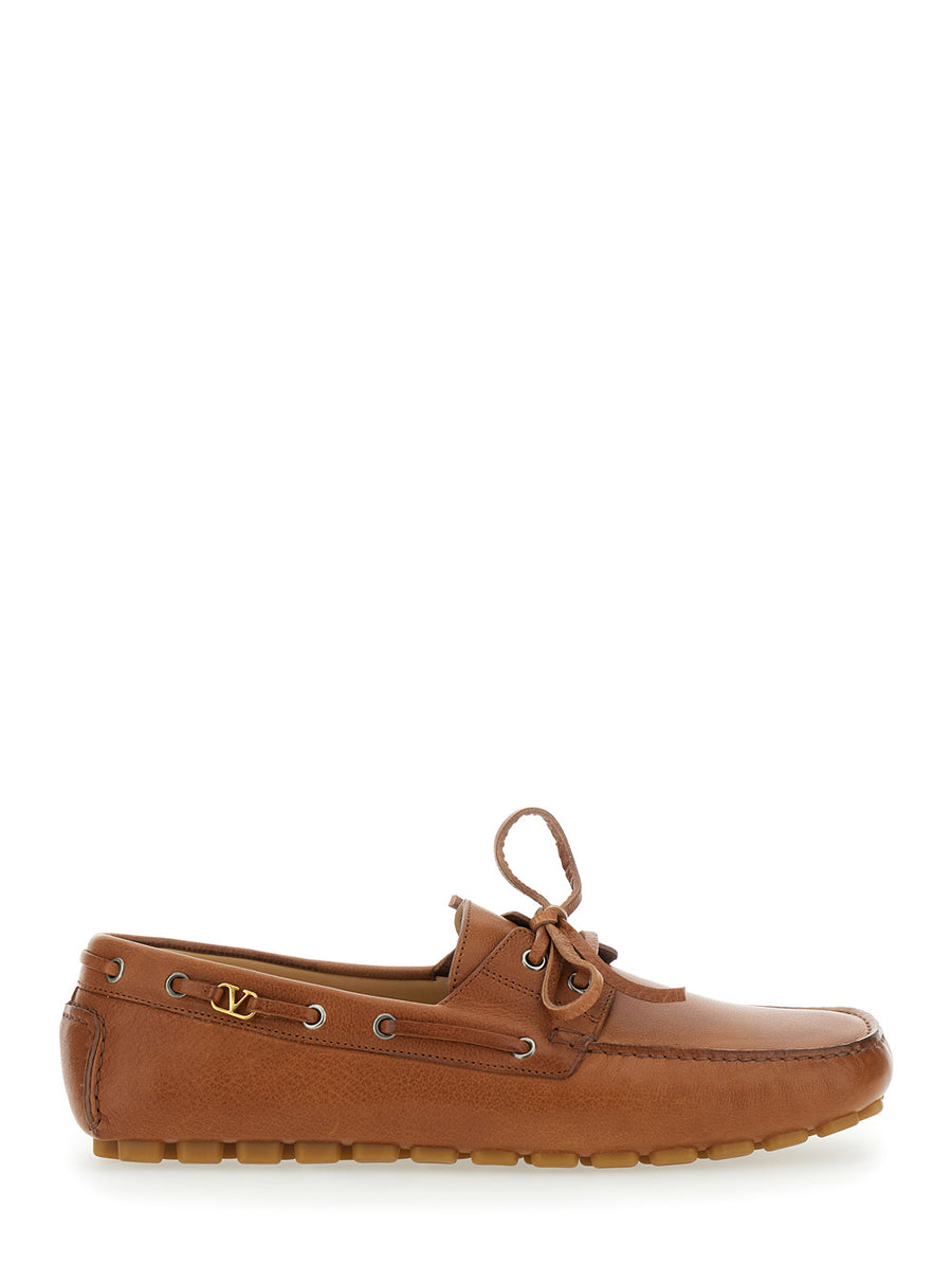 Brown Loafers With Vlogo Plaque Buffalo Leather