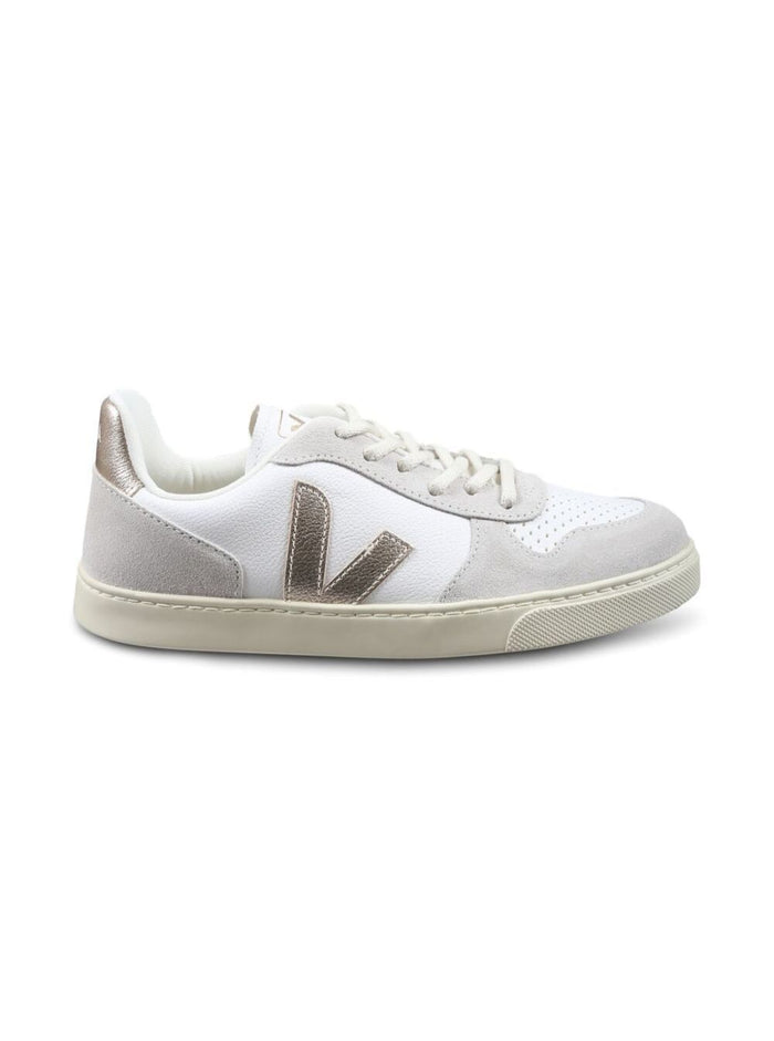 V-10 White Low Top Sneakers With Logo Detail On The Side And Contrasting Heel Lettering Leather Girl Chrome Free
