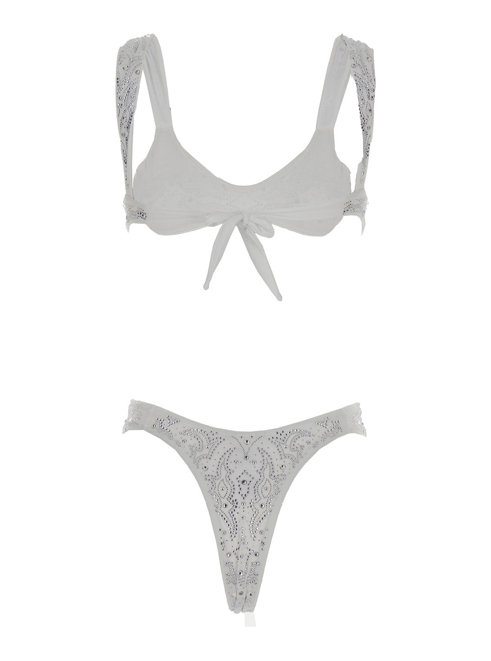 White High Cut Bikini With Top Adjustable Rear Closure And All-Over Beaded Embellishment Tech Fabric Stretch Woman Polyamid Elastam Beachwear