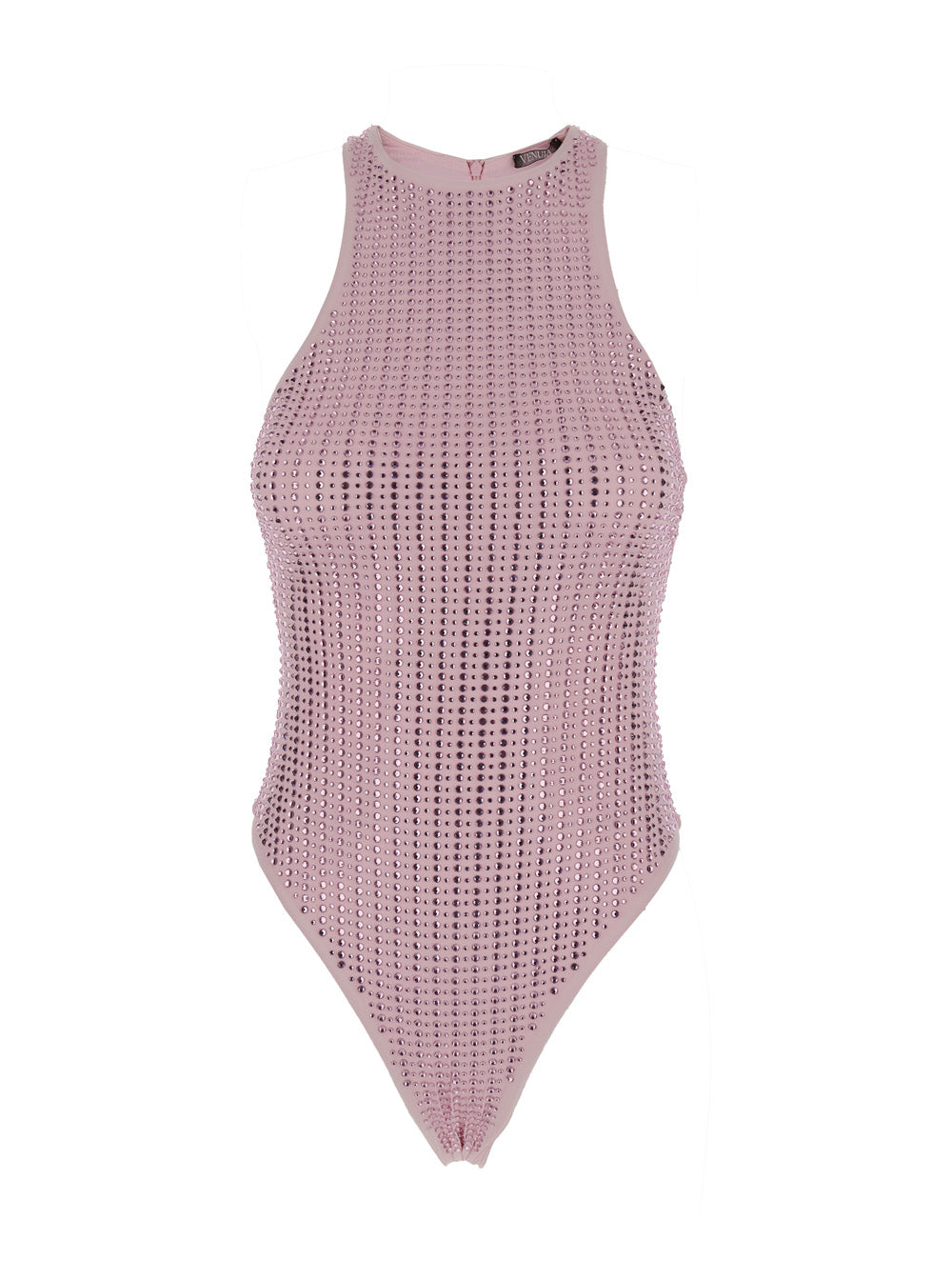 Pink High Cut One-Piece With Racerback Neckline And All-Over Pinstripe Rhinestones Embellishments Tech Fabric Stretch Woman Polyamid Elastam Beachwear