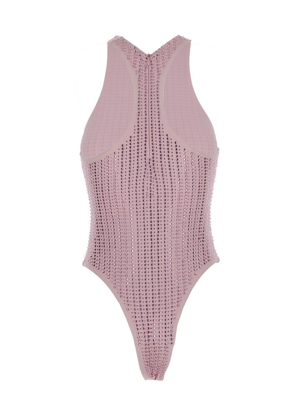 Pink High Cut One-Piece With Racerback Neckline And All-Over Pinstripe Rhinestones Embellishments Tech Fabric Stretch Woman Polyamid Elastam Beachwear
