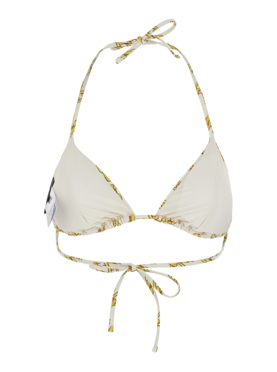 White Bikini Top With Chain Print Tech Fabric Stretch Swimwear