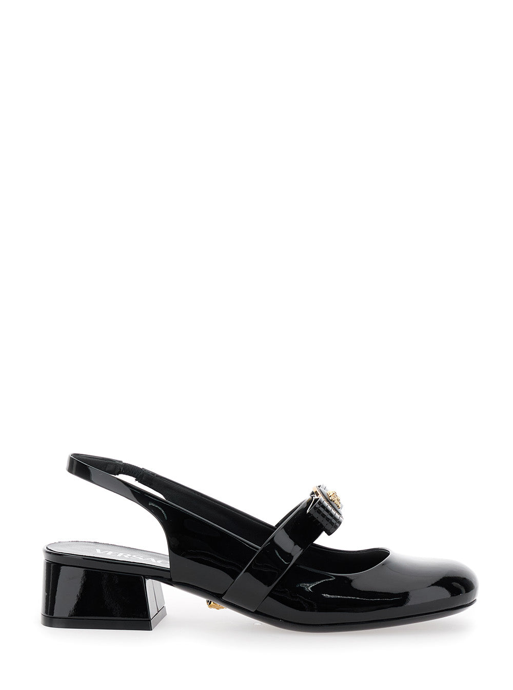 Black Ballerina Shoes With Heel And Medusa Detail On The Front Shiny Leather Woman Calf Ballerinas