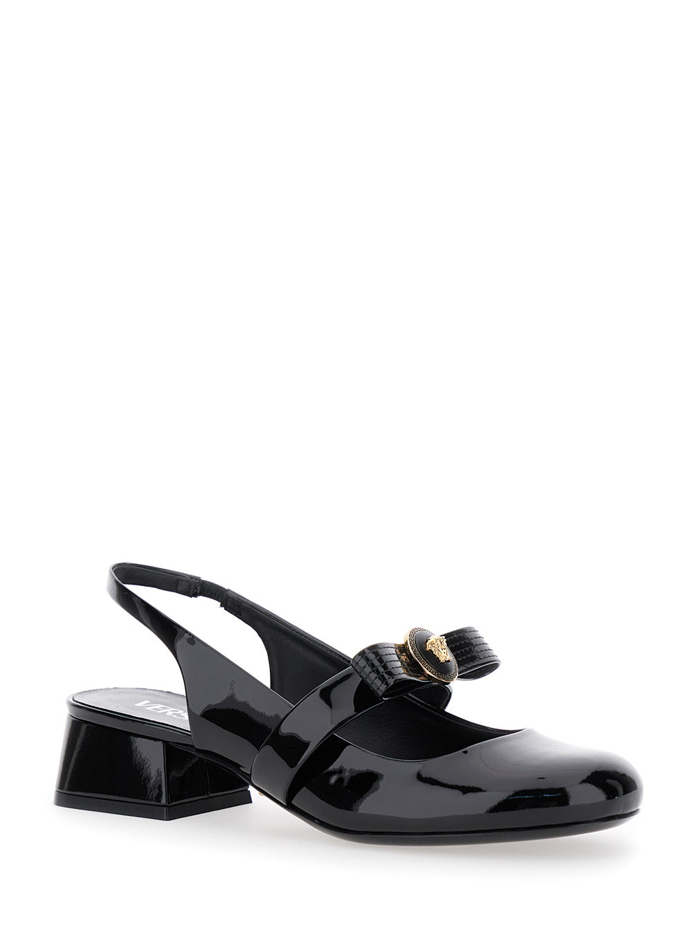 Black Ballerina Shoes With Heel And Medusa Detail On The Front Shiny Leather Woman Calf Ballerinas