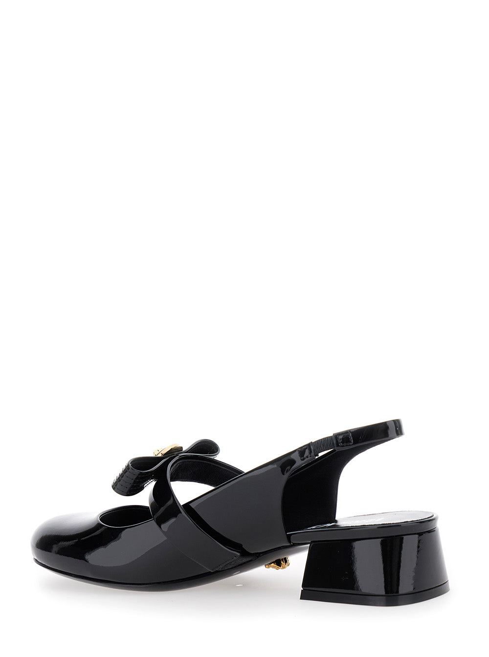 Black Ballerina Shoes With Heel And Medusa Detail On The Front Shiny Leather Woman Calf Ballerinas