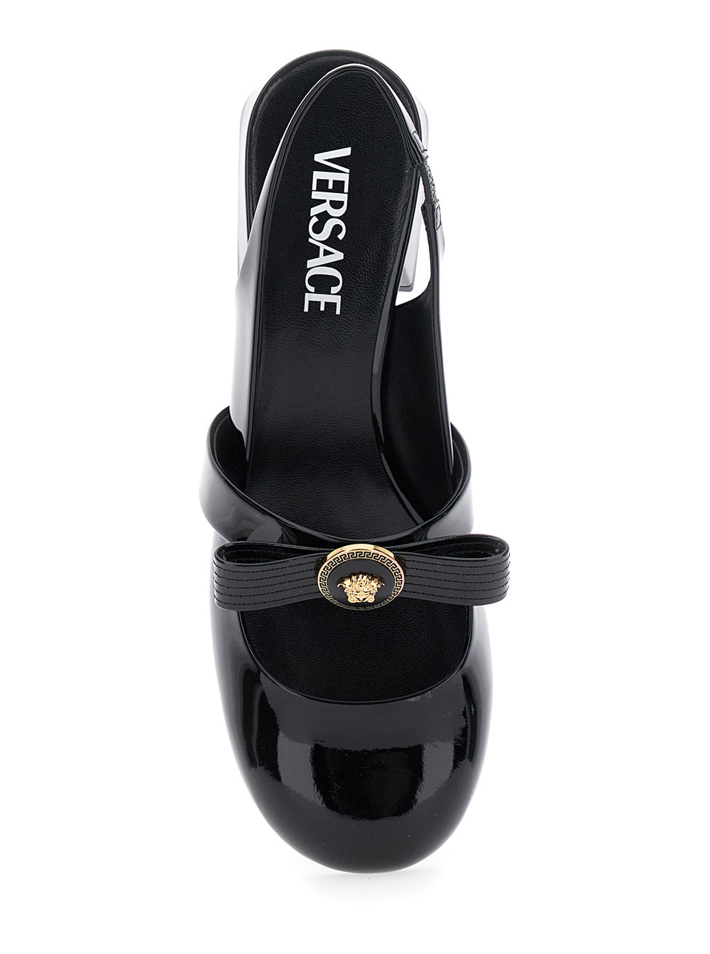 Black Ballerina Shoes With Heel And Medusa Detail On The Front Shiny Leather Woman Calf Ballerinas