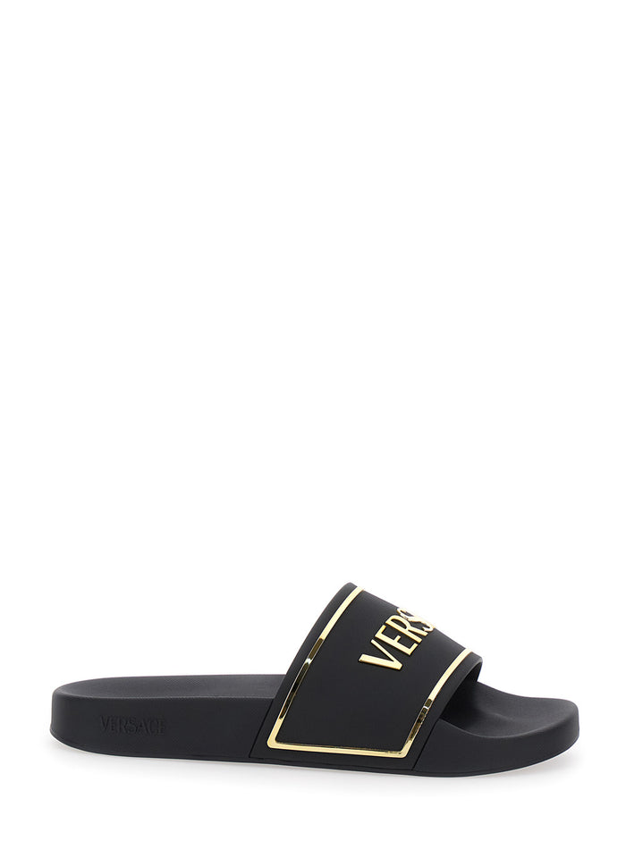Black Sandals With Logo Printed On The Front Rubber Man Flat Shoes