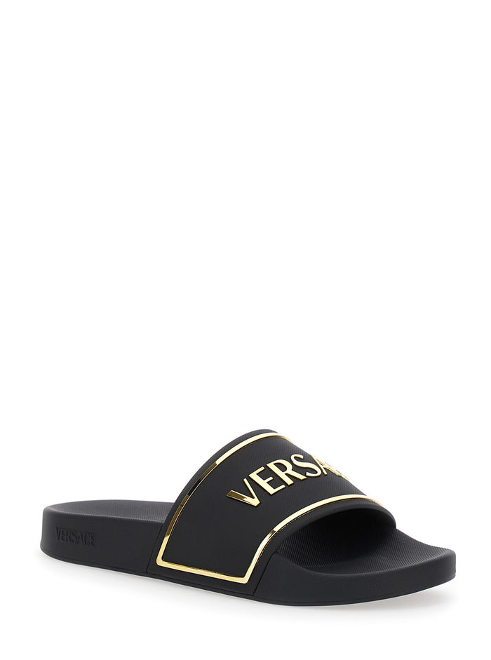 Black Sandals With Logo Printed On The Front Rubber Man Flat Shoes