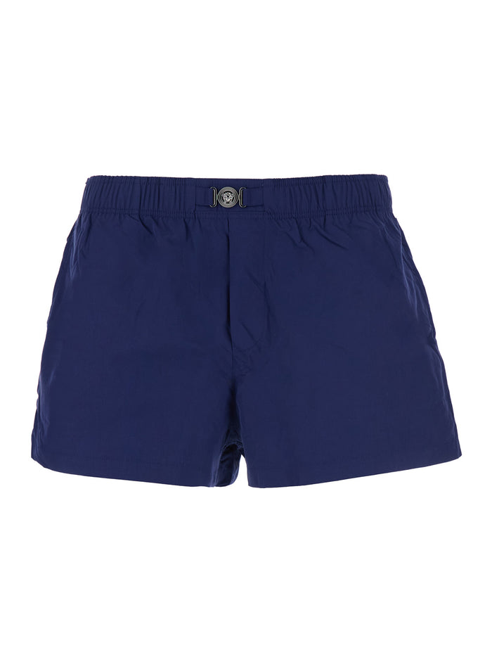 Blue Swim Shorts with Elastic Waist and Medusa Plaque on the Front in Tech Fabric Man Blu Nylon Beachwear