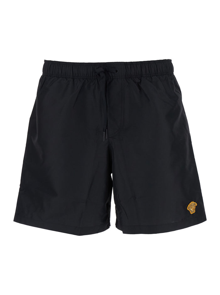 Black Swim Shorts with Elastic Drawstring Waist and Medusa Embroidery on the Front in Tech Fabric Man Polyester Beachwear