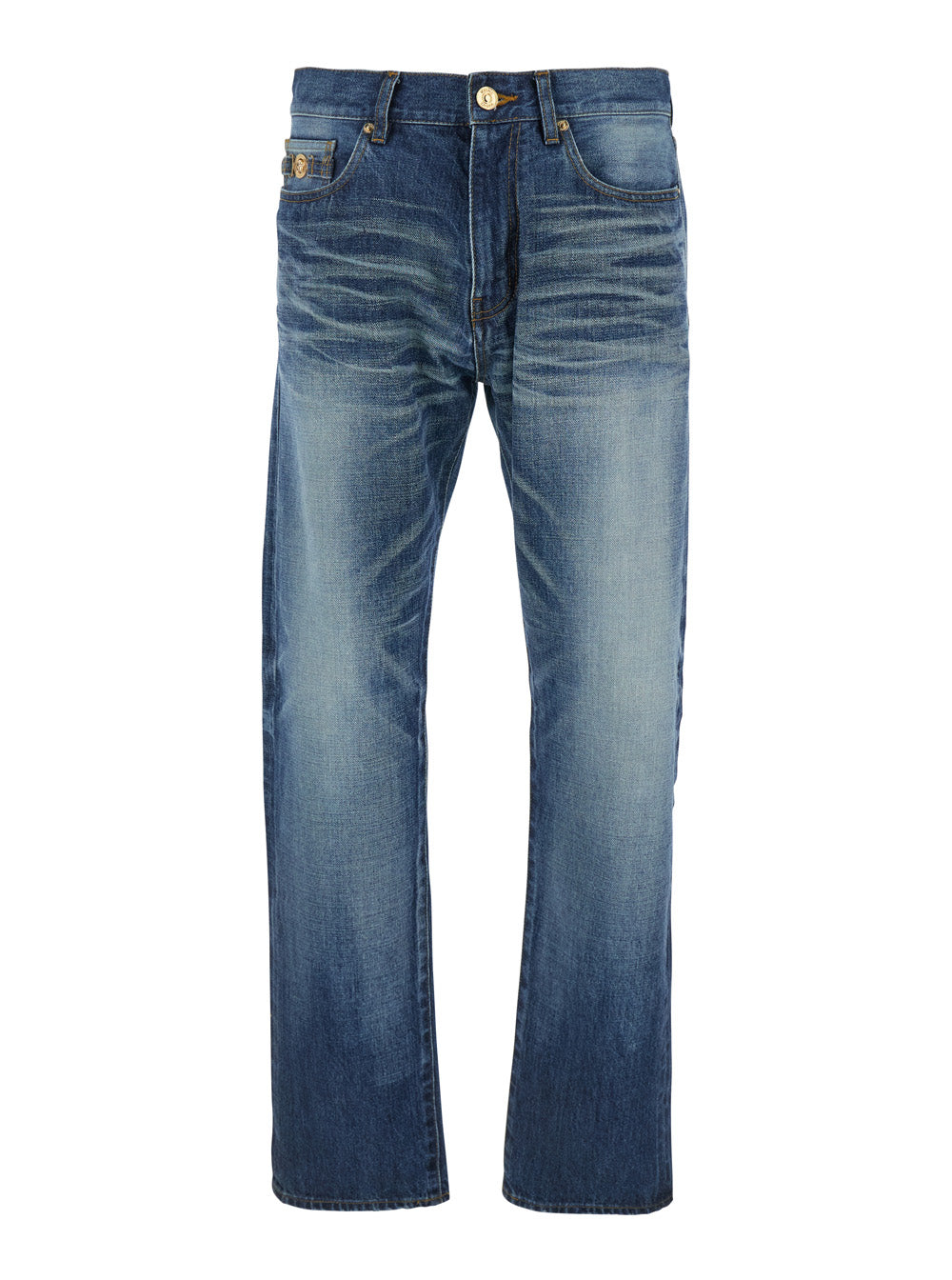 Blue Jeans With Belt Loops And Logo Patch On The Rear Denim Man Blu