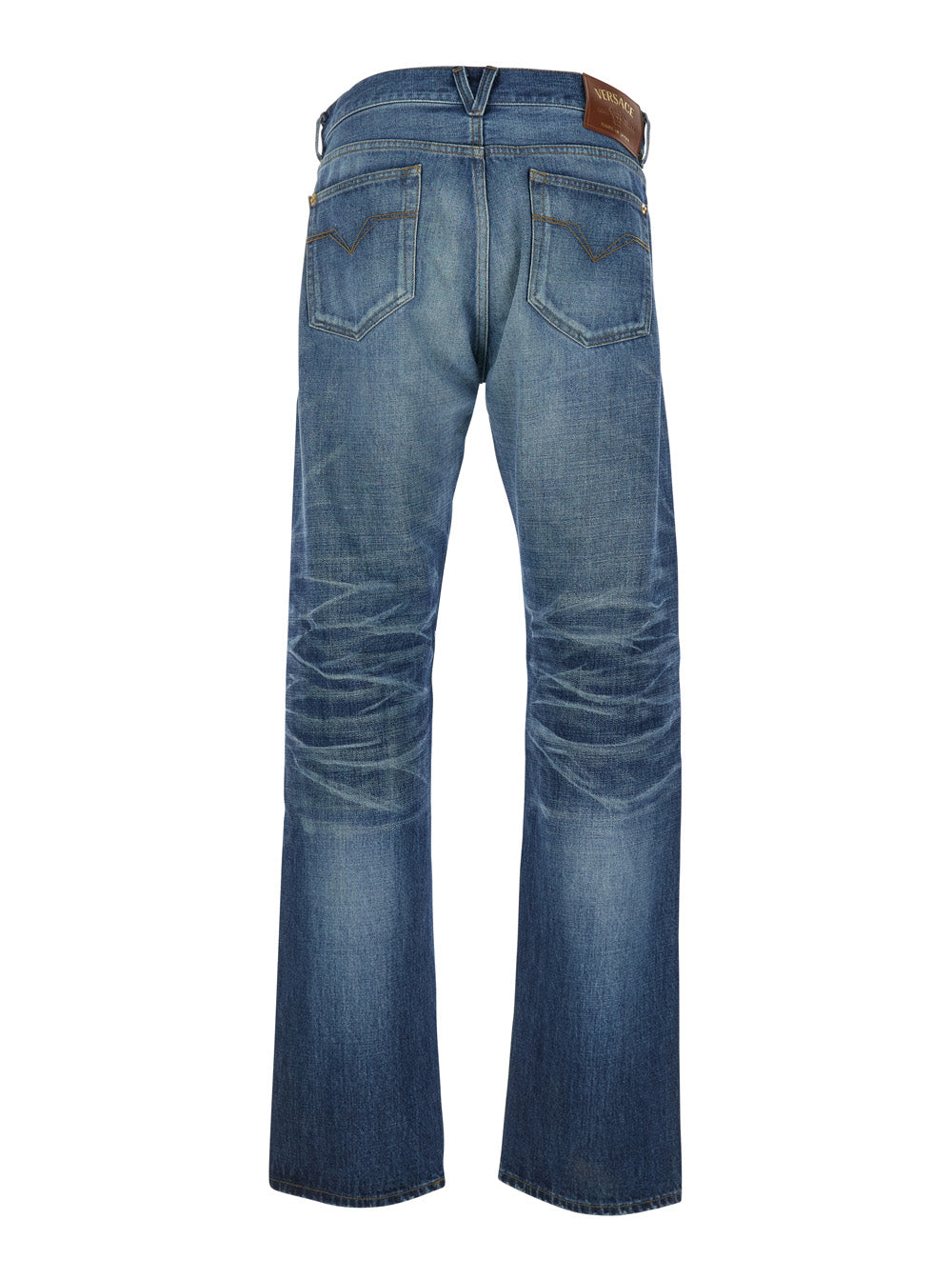 Blue Jeans With Belt Loops And Logo Patch On The Rear Denim Man Blu