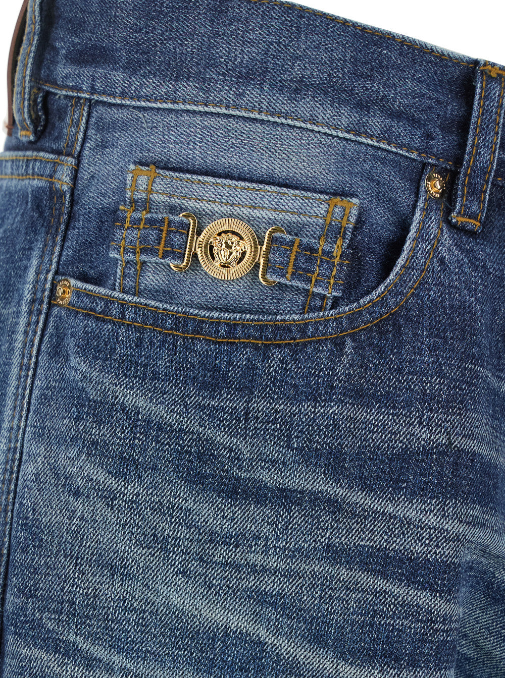 Blue Jeans With Belt Loops And Logo Patch On The Rear Denim Man Blu