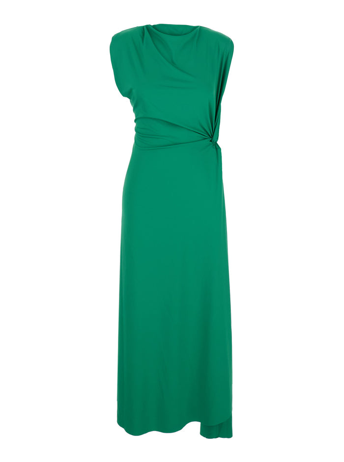 Green Long Dress with Pleated Details in Tech Fabric Woman Polyester Elastane
