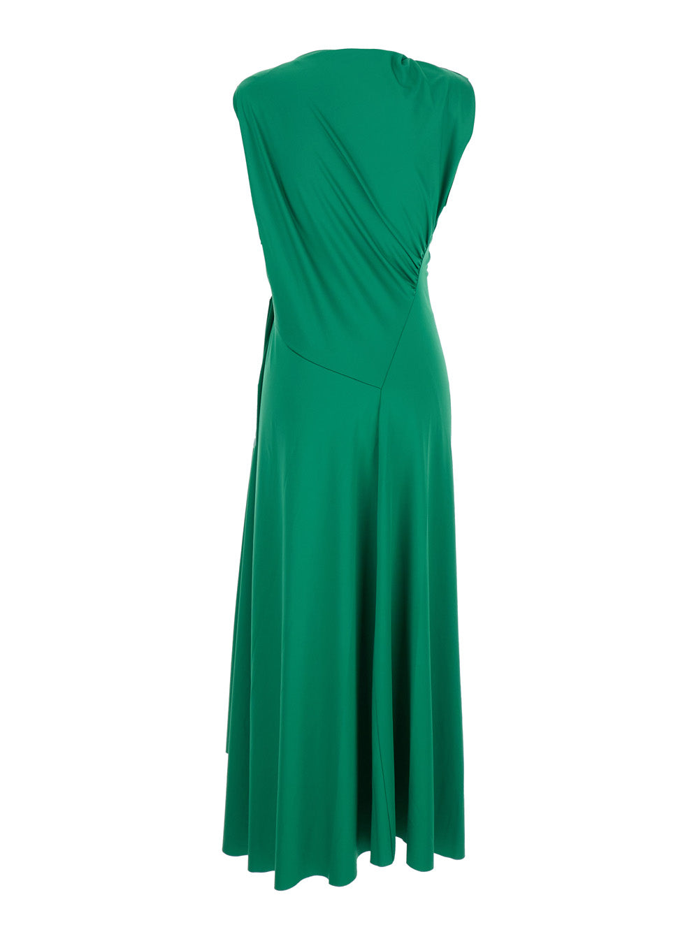 Green Long Dress with Pleated Details in Tech Fabric Woman Polyester Elastane