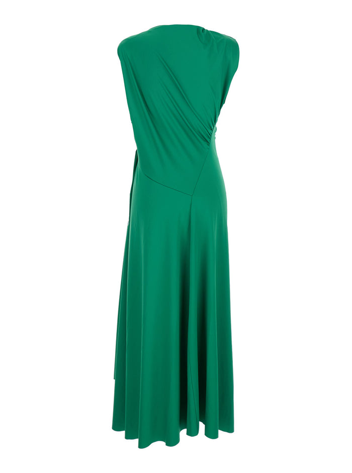 Green Long Dress with Pleated Details in Tech Fabric Woman Polyester Elastane