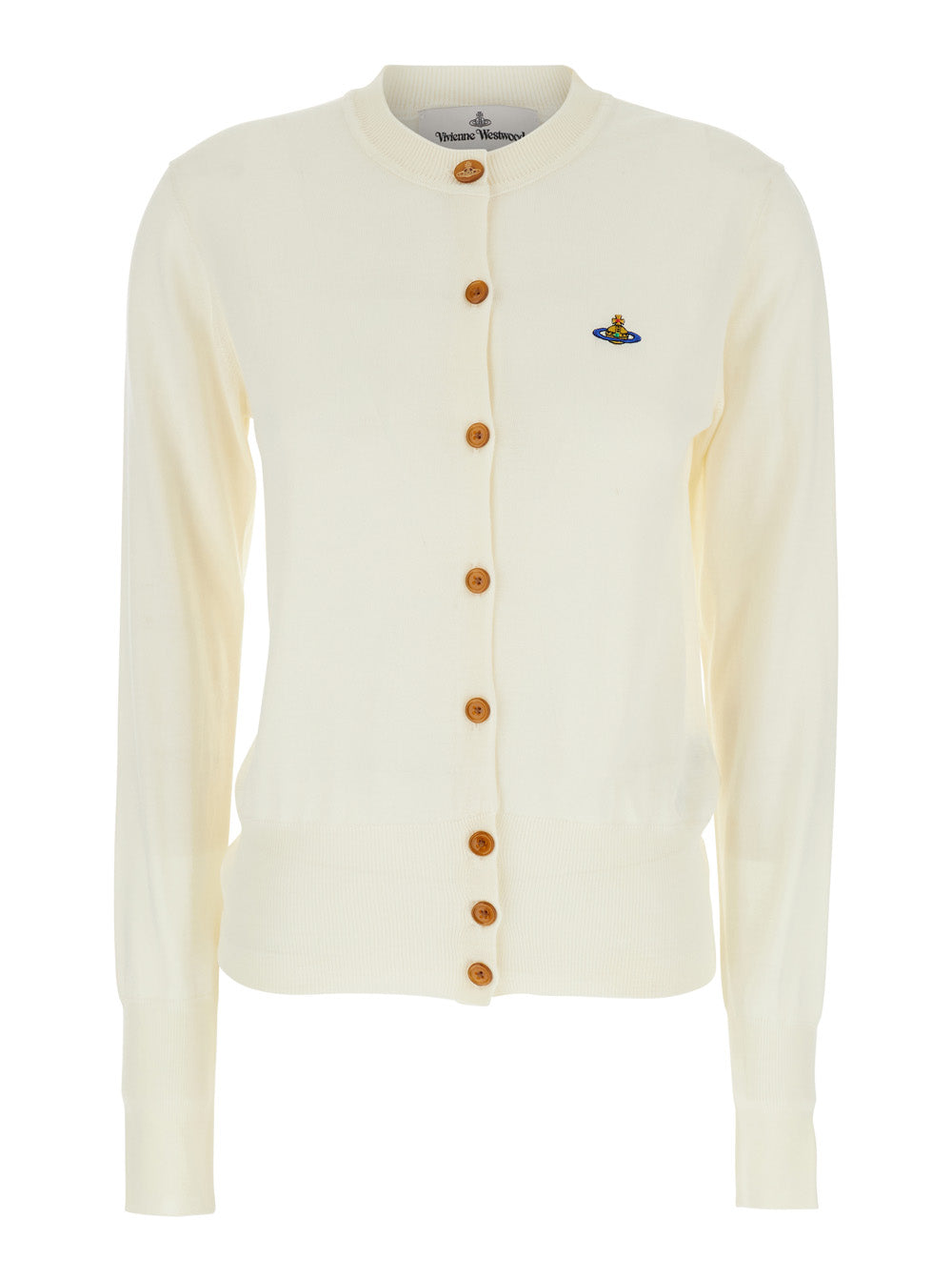 Bea Beige Cardigan With Round Neck And Orb Logo Detail On The Front Wool Silk Blend Woman Jersey