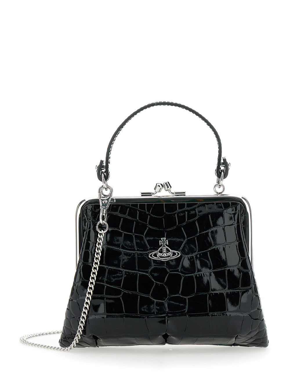 Granny Frame Black Handbag Wirh Orb Detail And Crocodile Effect Leather Woman Calf Hand Bags