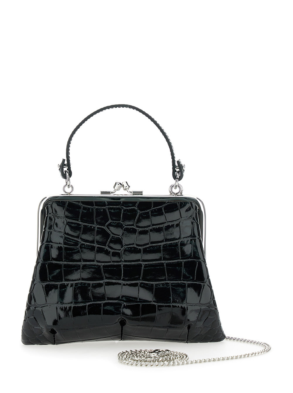 Granny Frame Black Handbag Wirh Orb Detail And Crocodile Effect Leather Woman Calf Hand Bags