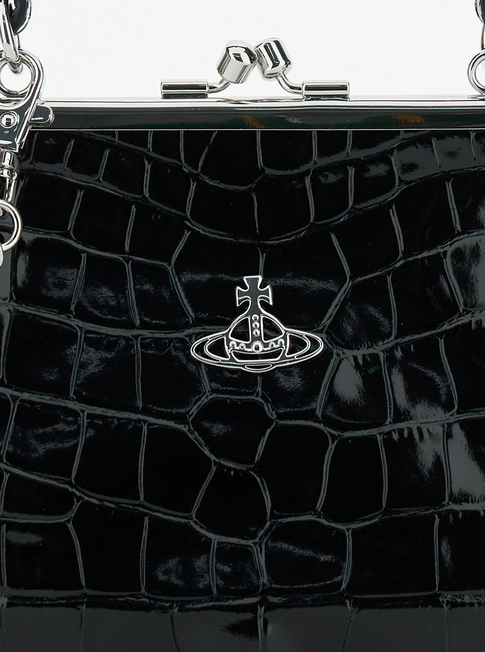 Granny Frame Black Handbag Wirh Orb Detail And Crocodile Effect Leather Woman Calf Hand Bags